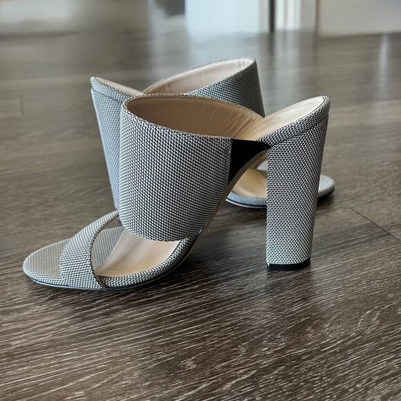 Emerson Fry Block Heel Mules Size US 7 Gray Canvas Double Strap Open Toe Sandals - Picture 12 of 13